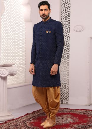 Readymade Navy Blue Chikankari Sherwani With Dhoti