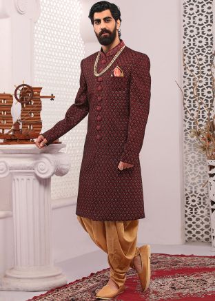 Readymade Maroon Zari Embroidered Dhoti With Sherwani