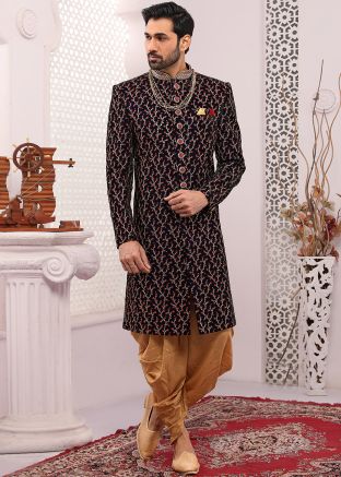 Blue Readymade Zari Embroidered Dhoti With Sherwani