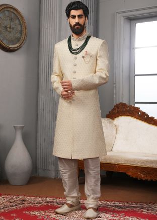 White Sequins Embroidered Readymade Sherwani In Silk