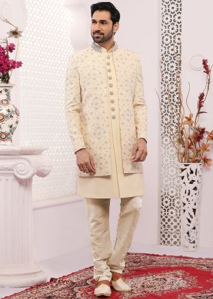 Readymade Cream Silk Embroidered Sherwani Set