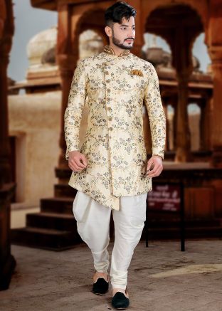 Readymade Cream Embroidered Sherwani In Art Silk