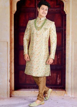 Cream Readymade Sequins Embroidered Silk Sherwani