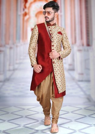 Maroon Asymmetric Readymade Sherwani With Dhoti