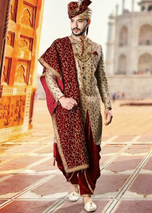 Beige Readymade Embroidered Groom Sherwani