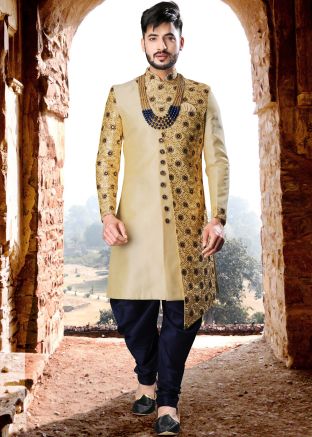 Cream Embroidered Asymmetric Readymade Sherwani
