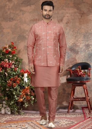 Peach Readymade Kurta Pajama With Jacket In Silk