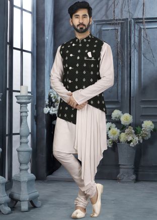 Readymade Off White Asymmetric Kurta Churidaar Set