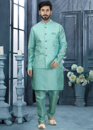 Blue Silk Readymade Kurta Pajama With Jacket