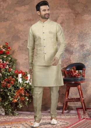 Readymade Green Silk Kurta Pyjama With Jacket