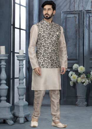 Readymade Off White Silk Kurta Pyjama With Jacket