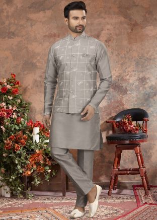 Readymade Grey Silk Kurta Pyjama With Jacket