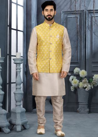 Off White Readymade Kurta Pajama And Jacket Set