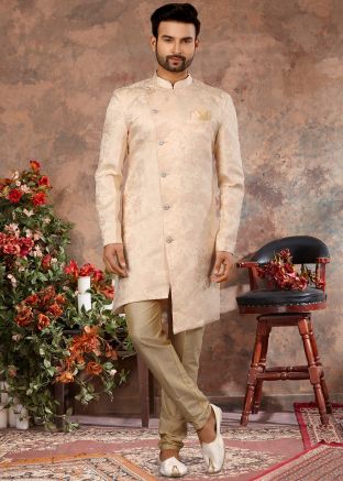 Readymade Cream Woven Asymmetric Sherwani