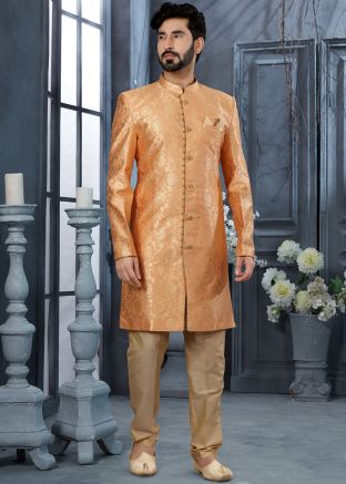 Readymade Orange Woven Indo Western Sherwani