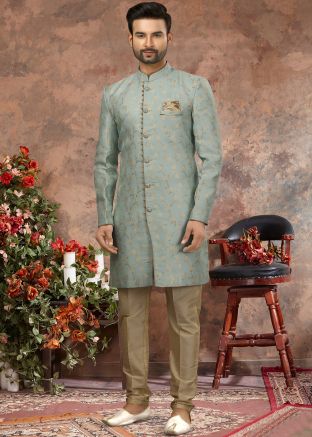 Blue Jacquard Readymade Mens Sherwani