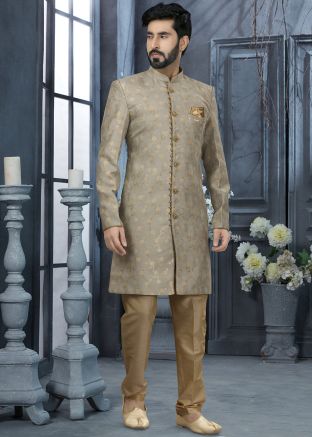 Grey Jacquard Readymade Mens Sherwani
