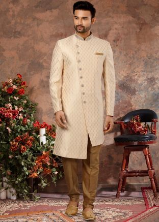 Cream Readymade Asymmetric Indo Western Sherwani