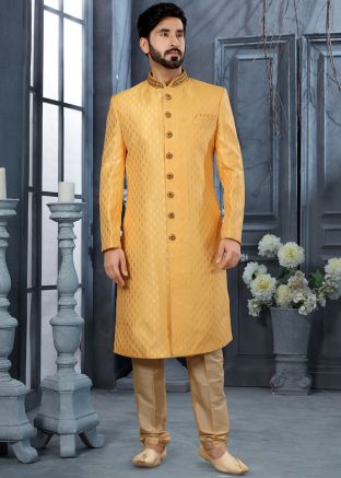 Yellow Readymade Woven Sherwani For Men
