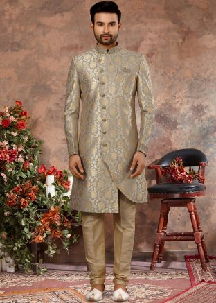 Grey Readymade Zari Woven Sherwani For Men