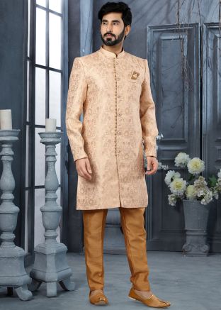 Light Peach Readymade Jacquard Sherwani For Men