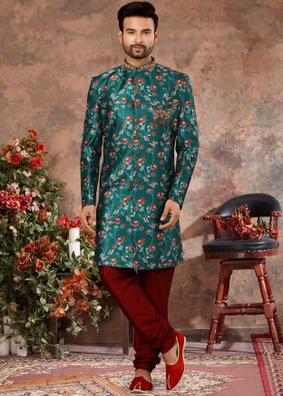 Green Digital Printed Readymade Mens Sherwani