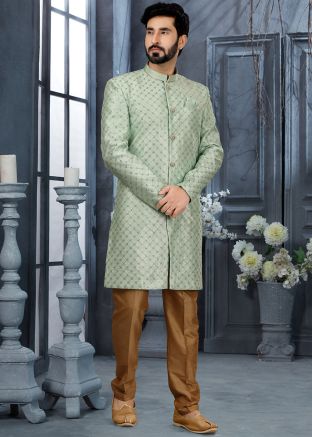 Green Embroidered Readymade Mens Sherwani