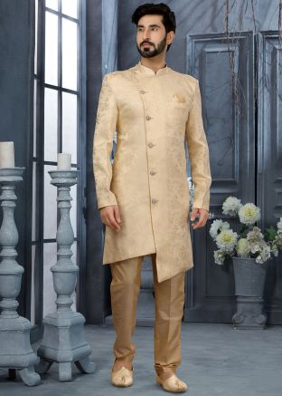 Cream Asymmetric Readymade Indo Western Sherwani