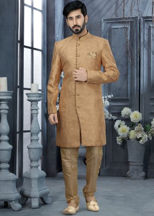 Peach Jacquard Readymade Sherwani For Men