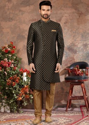 Dark Green Mens Asymmetric Readymade Jacquard Sherwani