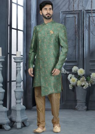 Green Printed Readymade Asymmetric Sherwani