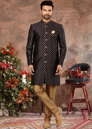 Black Readymade Mens Jacquard Sherwani