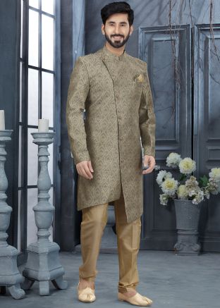 Grey Digital Printed Readymade Asymmetric Sherwani