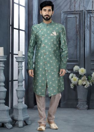 Blue Floral Printed Asymmetric Readymade Sherwani
