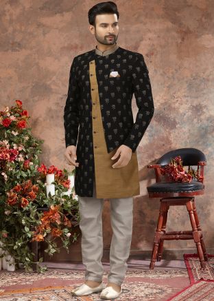 Black Readymade Jacquard Sherwani For Men