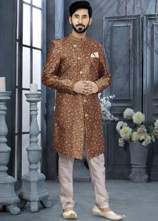 Brown Floral Readymade Jacquard Sherwani