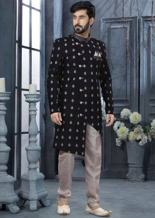Readymade Asymmetric Dark Blue Embroidered Sherwani