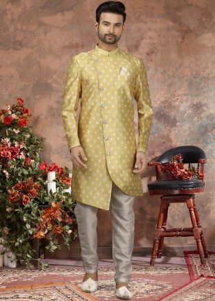 Yellow Printed Readymade Sherwani For Men