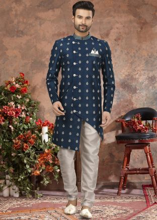 Readymade Asymmetric Blue Embroidered Sherwani