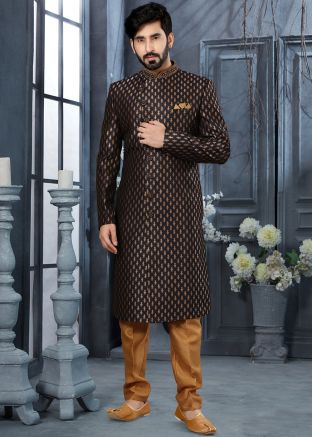Black Zari Woven Readymade Mens Sherwani