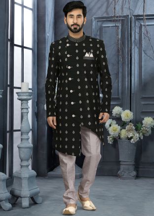 Readymade Asymmetric Black Embroidered Sherwani