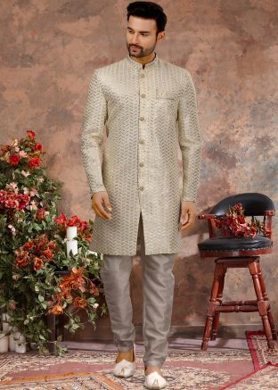 Readymade Cream Sequins Embroidered Mens Sherwani