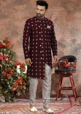 Readymade Maroon Asymmetric Embroidered Sherwani