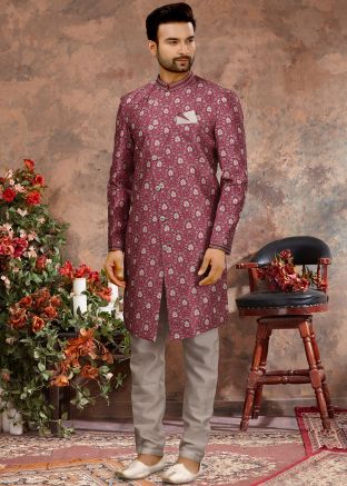 Pink Floral Printed Readymade Mens Sherwani
