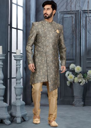 Grey Jacquard Readymade Sherwani For Men