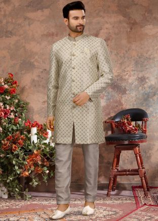 Cream Embroidered Indo Western Sherwani For Men