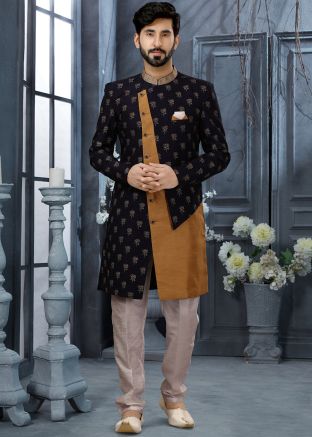 Blue And Gold Readymade Jacquard Sherwani For Men