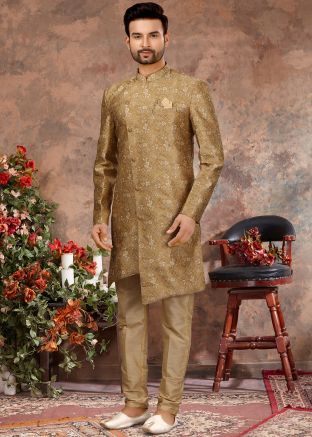 Golden Jacquard Sherwani For Men
