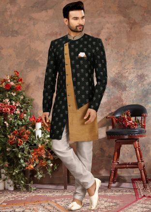 Green And Gold Readymade Jacquard Sherwani For Men
