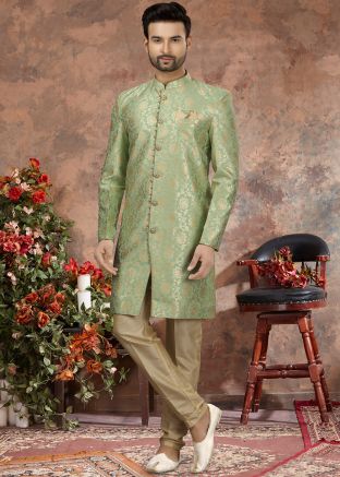 Readymade Green Zari Woven Indo Western Sherwani